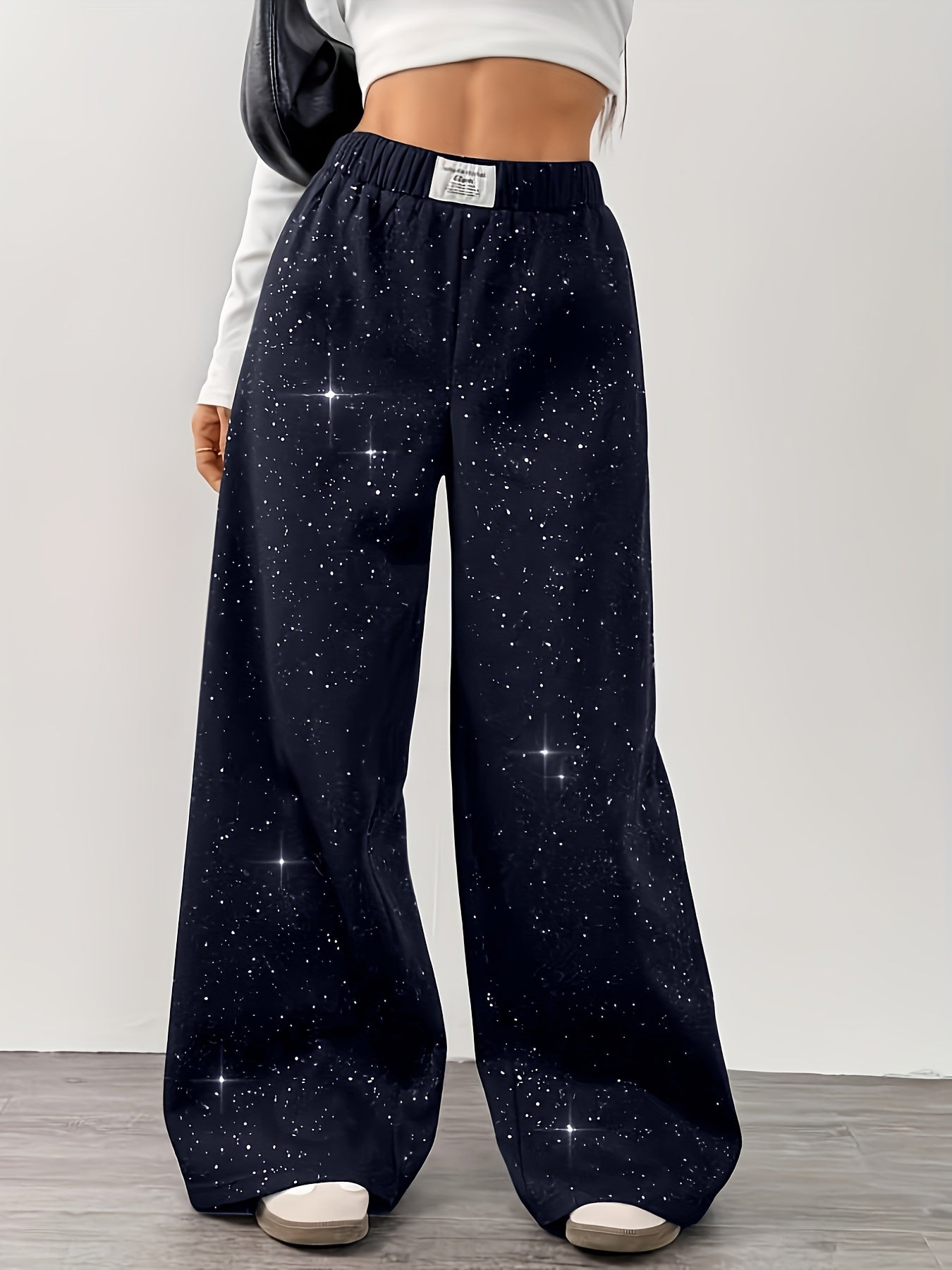 Damen Weite High-Waist Freizeit-Hose mit Galaxie-Print – Trendige Loungepants für Alltag & Streetwear