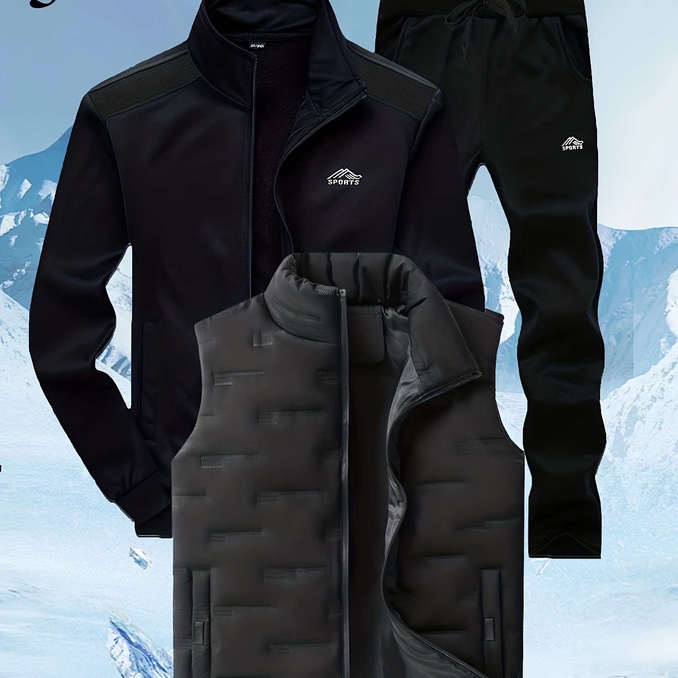 Herren 3-teiliger Sportanzug mit Stehkragen Jacke, Jogginghose & Steppweste