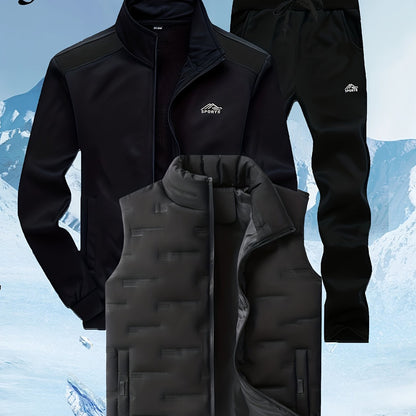 Herren 3-teiliger Sportanzug mit Stehkragen Jacke, Jogginghose & Steppweste