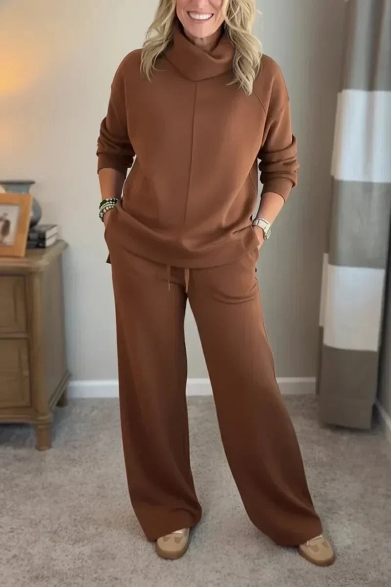 Damen Lounge Set Rollkragen Pullover & Weite Bein Hose Freizeitanzug