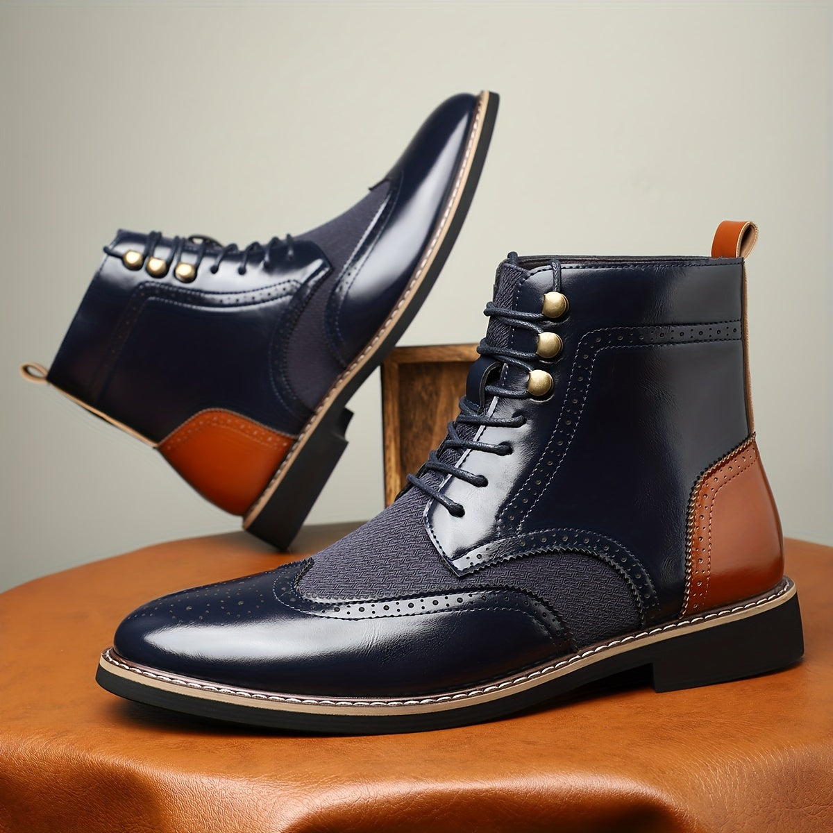 Herren Schnürstiefelette Brogue-Stil Zweifarbig mit Lochmuster