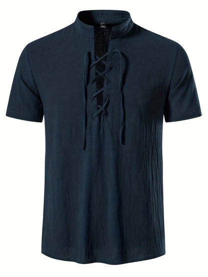 Herren Tunika Shirt Kurzarm mit Schnürung – Lässige Sommermode im Vintage-Stil