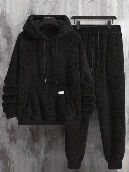 Kuscheliger Fleece Kapuzenpullover & Jogginghose Set für Herren, einfarbig