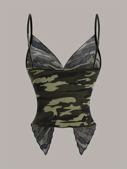 Damen Camisole Top mit Camouflage-Look und Wickeldetail – Modisches Party- und Streetwear-Highlight