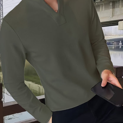 Herren Langarmshirt Henley Kragen Gerippt Weiß Freizeitshirt