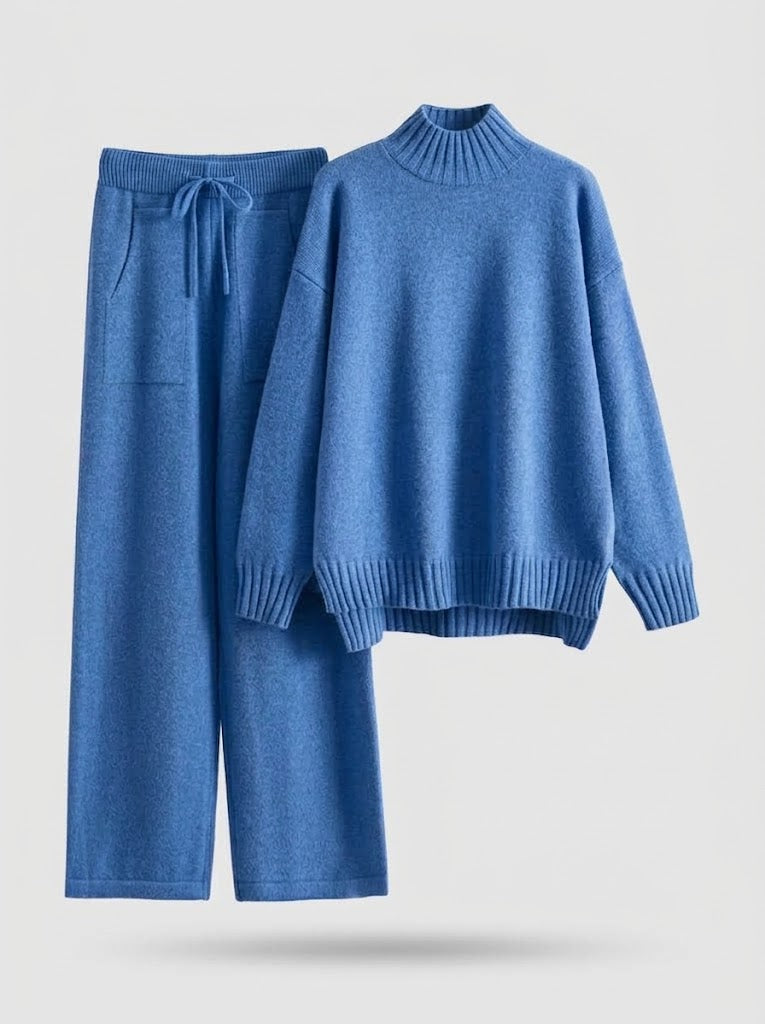 Strick-Loungewear-Set Damen, Hochgeschlossener Pullover & weite Hose, Blau