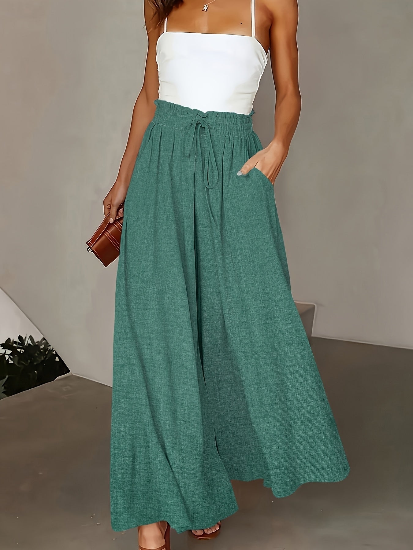 Damen Elegante Weite High-Waist Palazzo Hose mit Kordelzug und Taschen – Perfekt für Freizeit und Büro