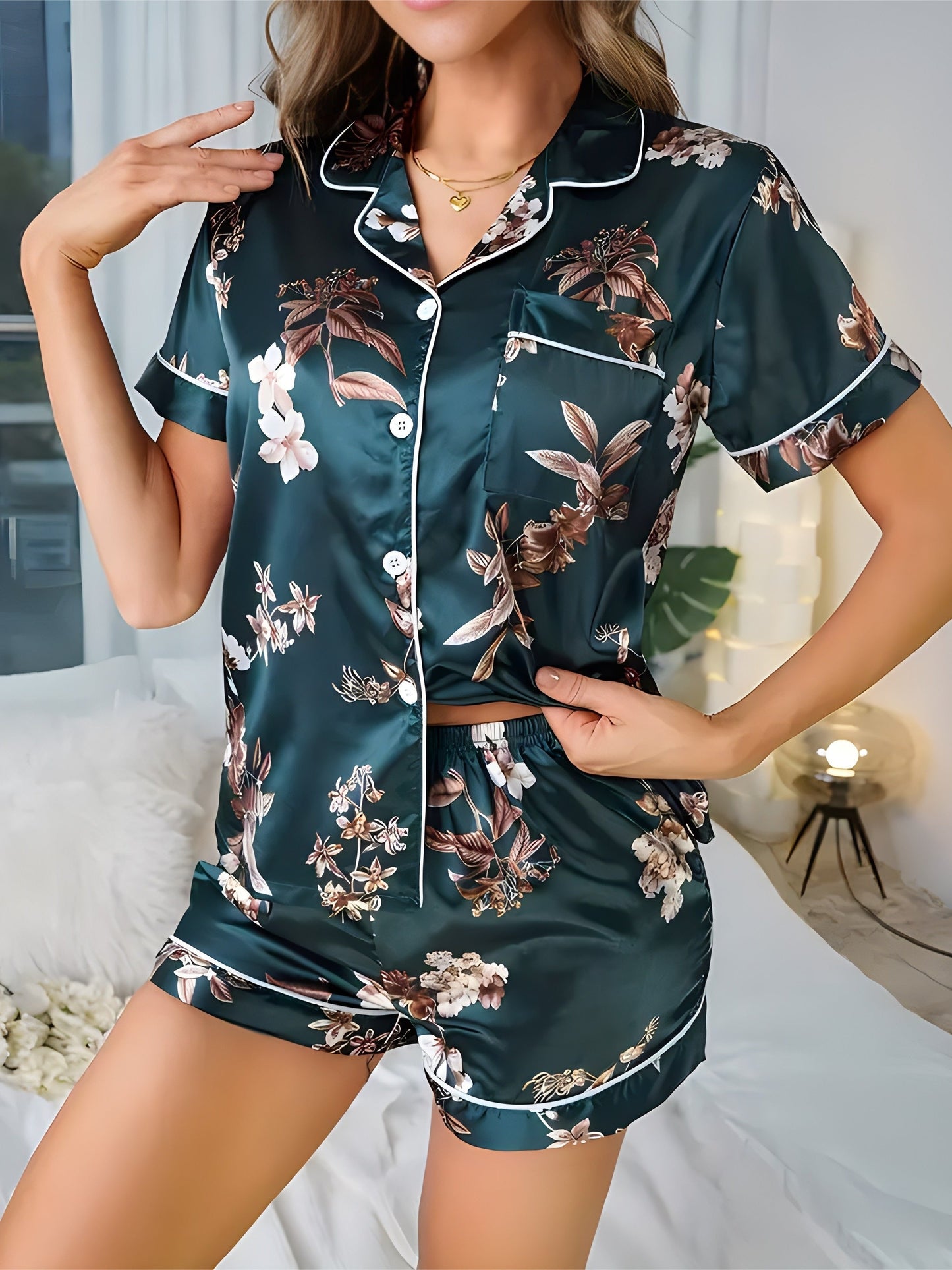 Damen Satin Pyjama Set mit Blumenmuster – Eleganter Schlafanzug für Frühling und Sommer