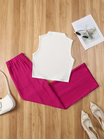 Damen Elegantes Set – Ärmelloses Oberteil mit Stehkragen und Weite Hose, Perfekt für Büro & Freizeit