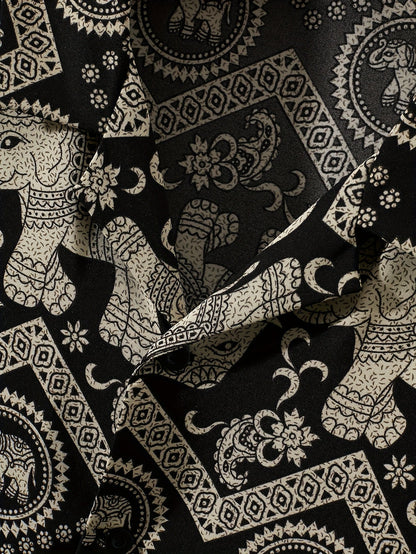 Herren Resorthemd mit Elefanten- und Mandala-Muster, Kurzarm, Boho-Stil für Freizeit und Urlaub