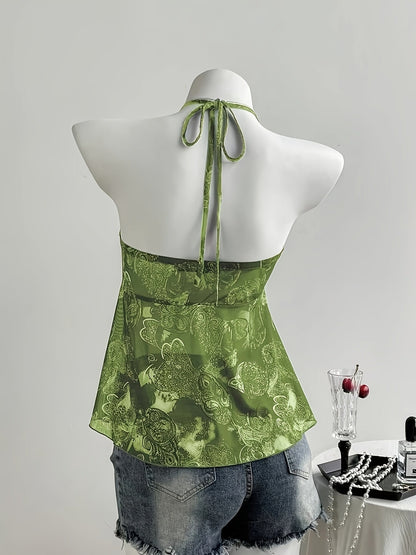 Damen Neckholder-Top im Boho-Stil mit Rüschen und Herzmuster – Modisches Sommer-Peplum für Freizeit und Ausgehen