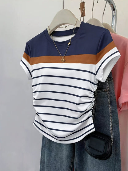 Damen T-Shirt mit Streifen und Raffungen – Modisches Freizeitshirt, Kurzarm, Elegant für Alltag und Büro