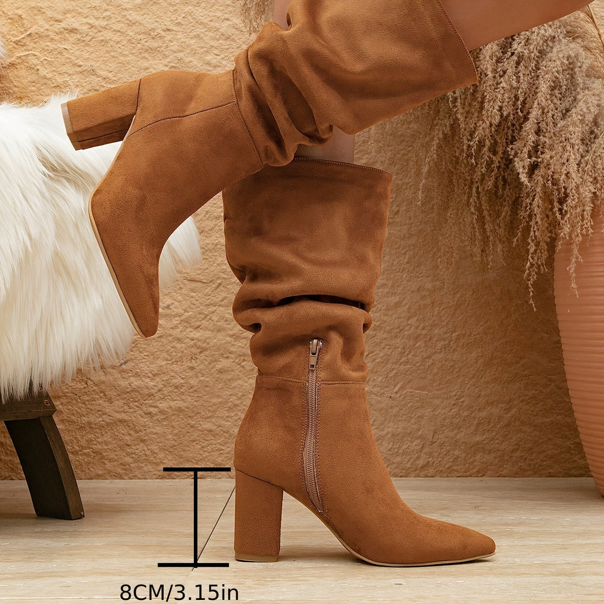 Damen Stiefel Navyblau mit Blockabsatz und spitzer Zehe, kniehoch gerafft