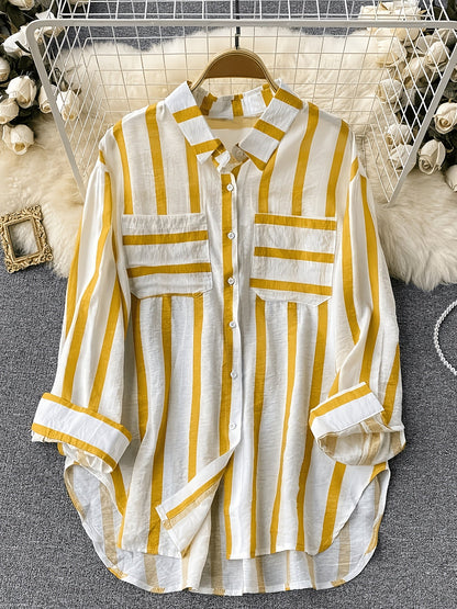 Damen Streifen-Bluse im Boyfriend-Stil mit Knopfleiste und Brusttaschen – Elegante Freizeit- und Businessmode