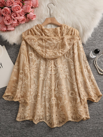 Damen Bluse Langarm mit Kapuze, Besticktes Blumenmuster, Knopfleiste