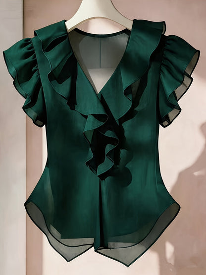Damen Rüschenbluse mit V-Ausschnitt und Volantärmeln – Elegante Chiffonbluse für Büro und besondere Anlässe
