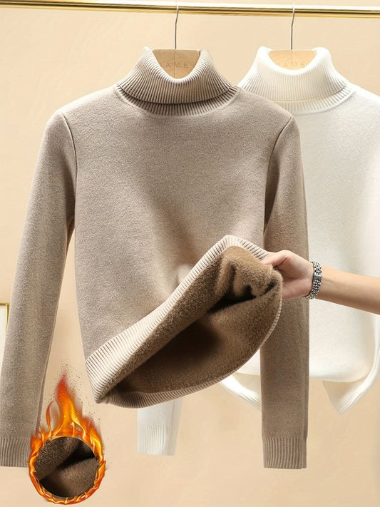 Damen Rollkragenpullover mit Plüschfutter – warm, Langarm