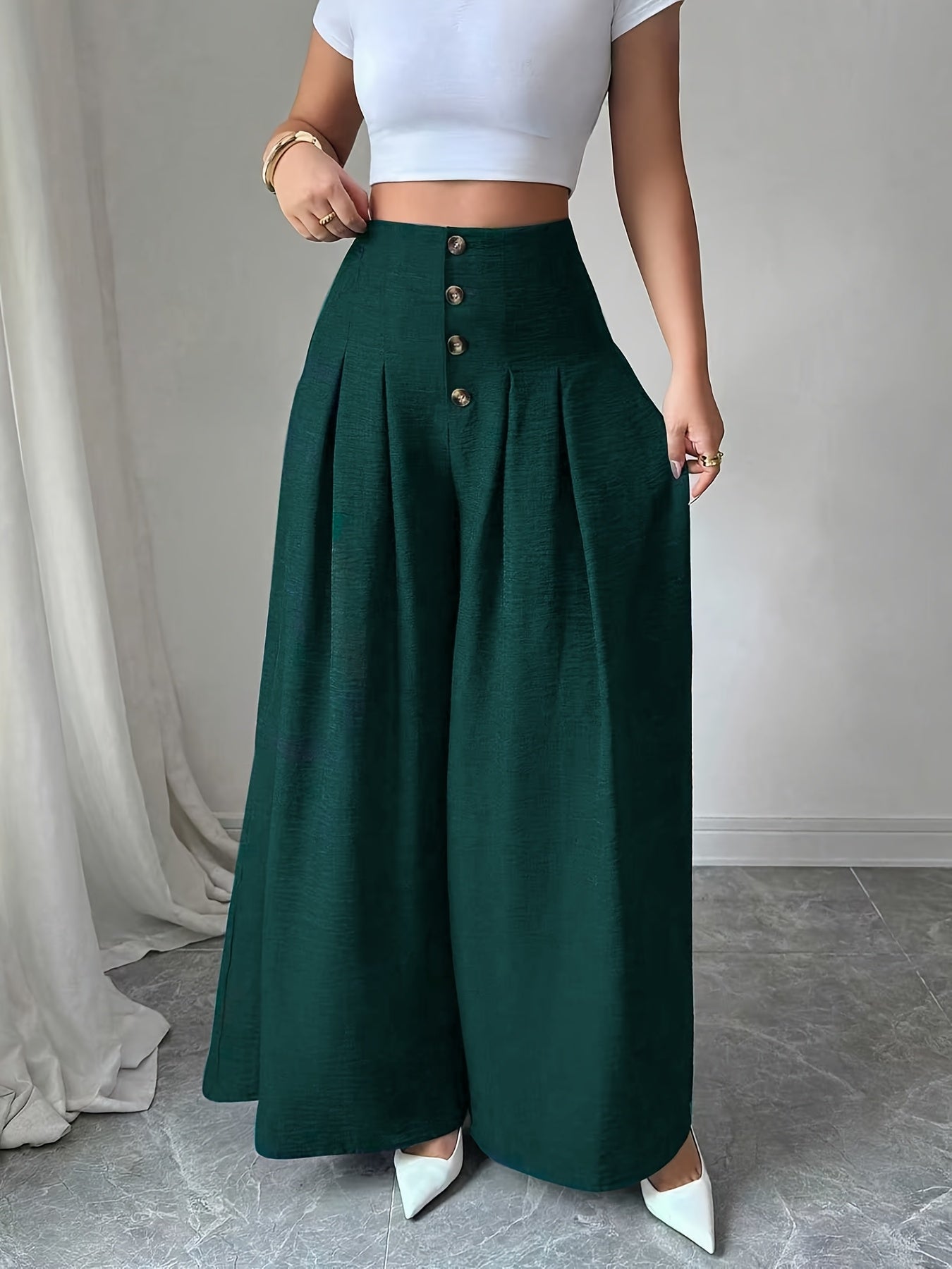 Damen Weitbeinige High-Waist Hose mit Knopfdetail und Eleganten Falten – Modische Business- und Freizeit-Hose