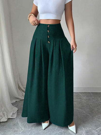 Damen Weitbeinige High-Waist Hose mit Knopfdetail und Eleganten Falten – Modische Business- und Freizeit-Hose
