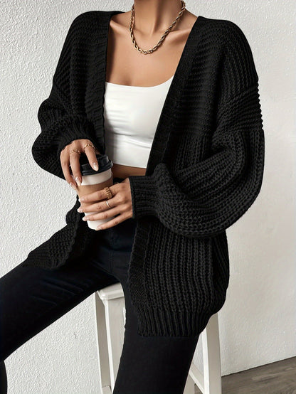 Damen Strickjacke Schwarz Offen Grobstrick Weitärmlig