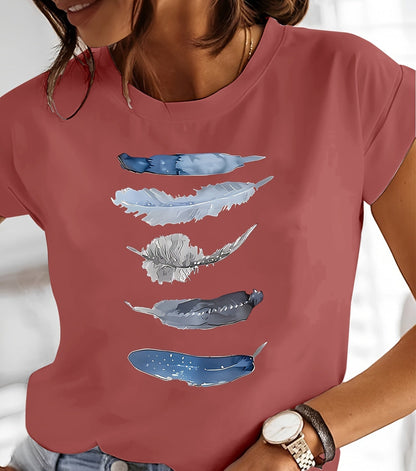 Damen T-Shirt mit künstlerischem Feder-Print, lässig, für Alltag und Freizeit