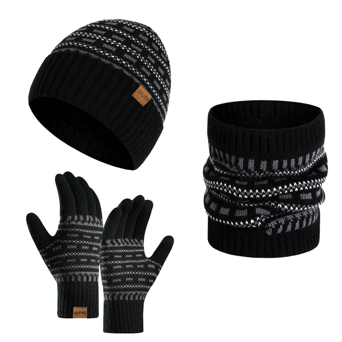 Unisex Wintermütze Schal Handschuhe Set, Gestricktes Beanie mit Nackenwärmer & Touchscreen-Handschuhen