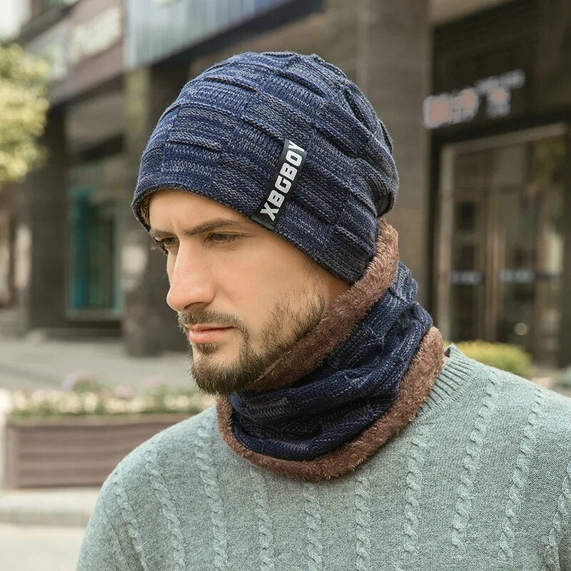 Unisex Winter Mütze & Schal Set Strickmuster mit Plüschfutter in verschiedenen Farben