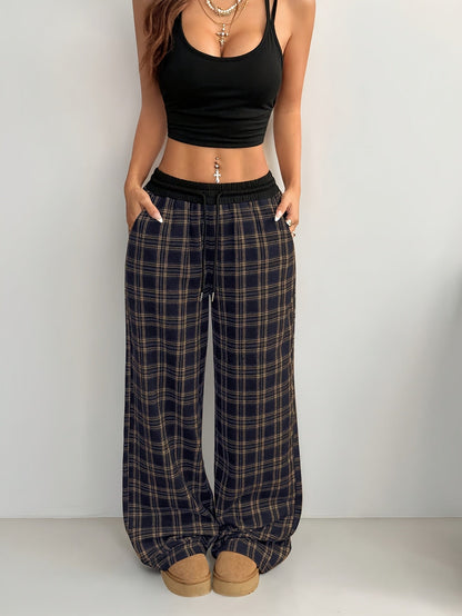 Damen Weite Loungehose mit Kordelzug im Karomuster – Bequeme Freizeithose für Alltag und Zuhause