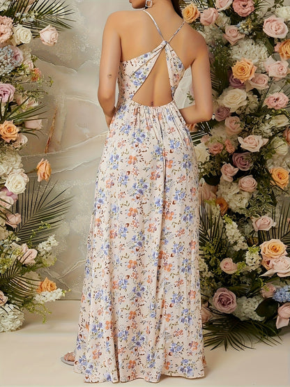 Damen Maxikleid Elegant mit Blumenmuster und Schlitz – Festliches Abendkleid für besondere Anlässe