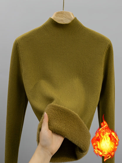 Damen Rippstrick Pullover Stehkragen mit flauschigem Innenfutter Beige
