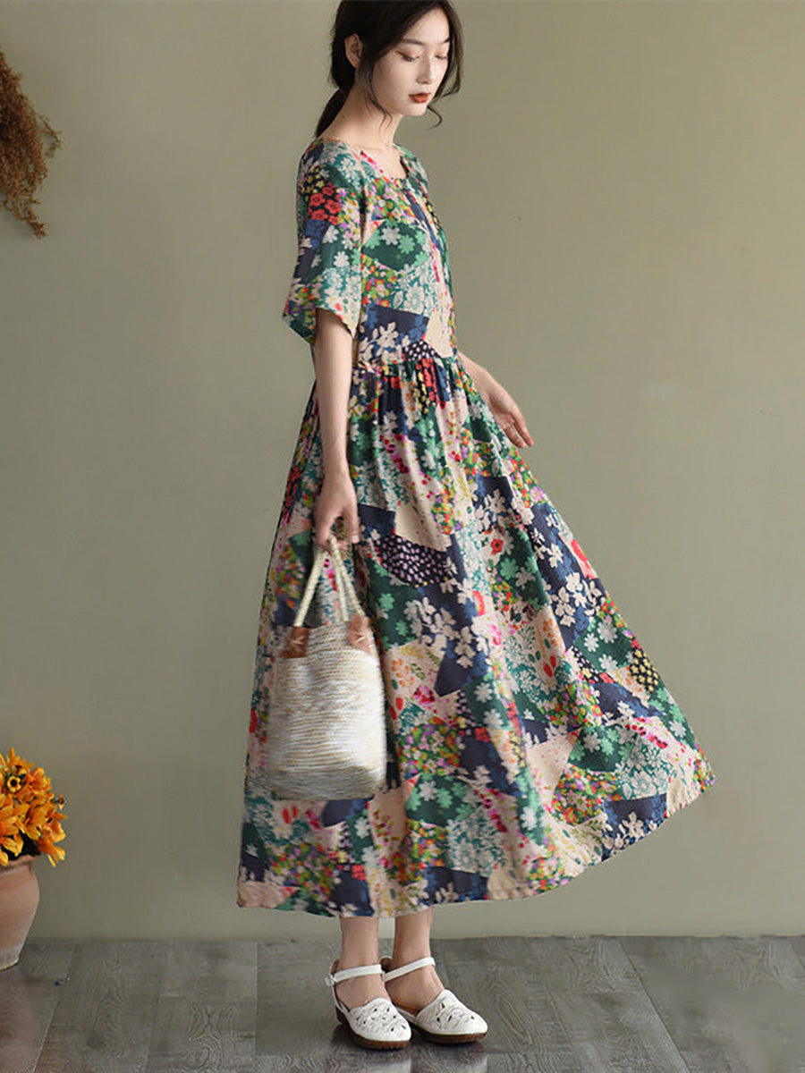 Damen Vintage Maxikleid im Boho-Stil – Lockeres Sommerkleid mit Blumenmuster, ideal für Alltag & Urlaub
