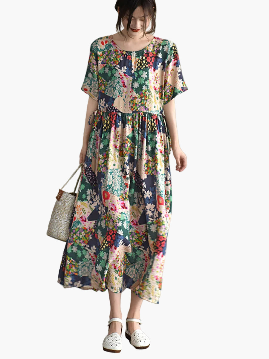 Damen Vintage Maxikleid im Boho-Stil – Lockeres Sommerkleid mit Blumenmuster, ideal für Alltag & Urlaub