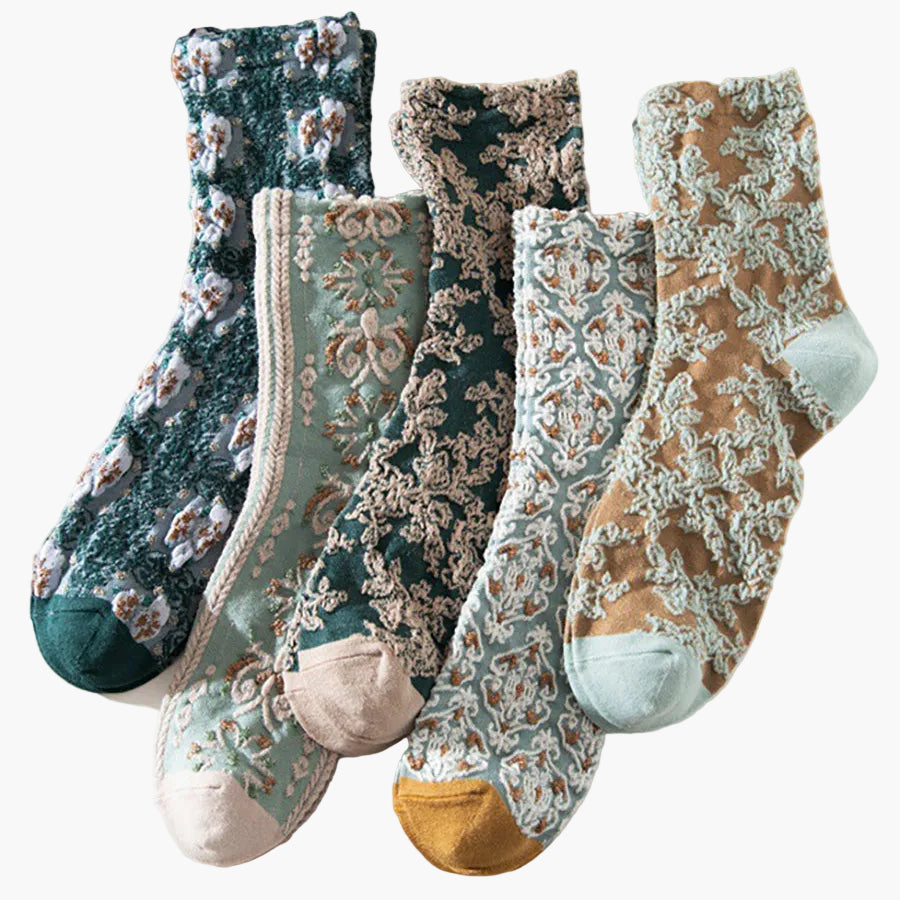 Damen Vintage Socken im Boho-Stil – 5er Set, florale Muster, ideal für Alltag und Freizeit