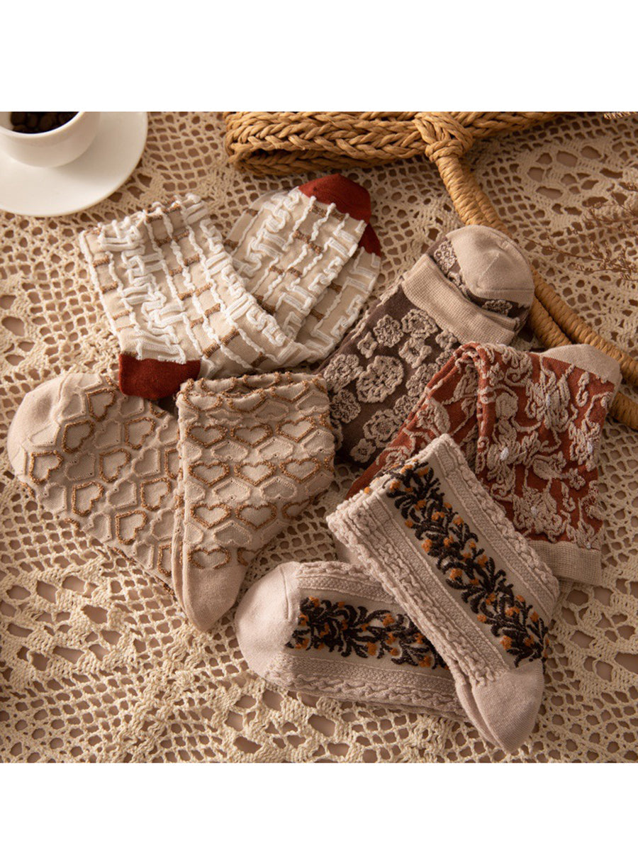 Damen Vintage Socken im Boho-Stil – 5er Set, florale Muster, ideal für Alltag und Freizeit