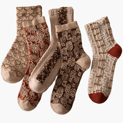 Damen Vintage Socken im Boho-Stil – 5er Set, florale Muster, ideal für Alltag und Freizeit
