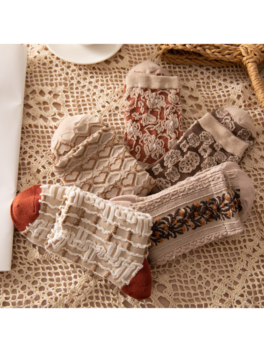 Damen Vintage Socken im Boho-Stil – 5er Set, florale Muster, ideal für Alltag und Freizeit