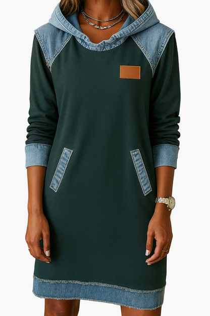 Damen Sweatkleid mit Denim-Details und Kapuze – Lässiges Freizeitkleid im Hoodie-Stil