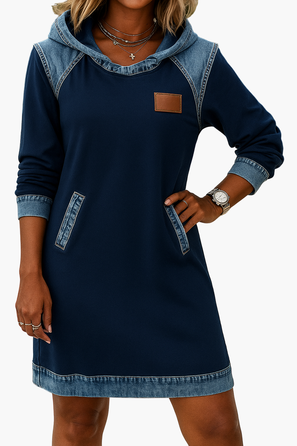 Damen Sweatkleid mit Denim-Details und Kapuze – Lässiges Freizeitkleid im Hoodie-Stil
