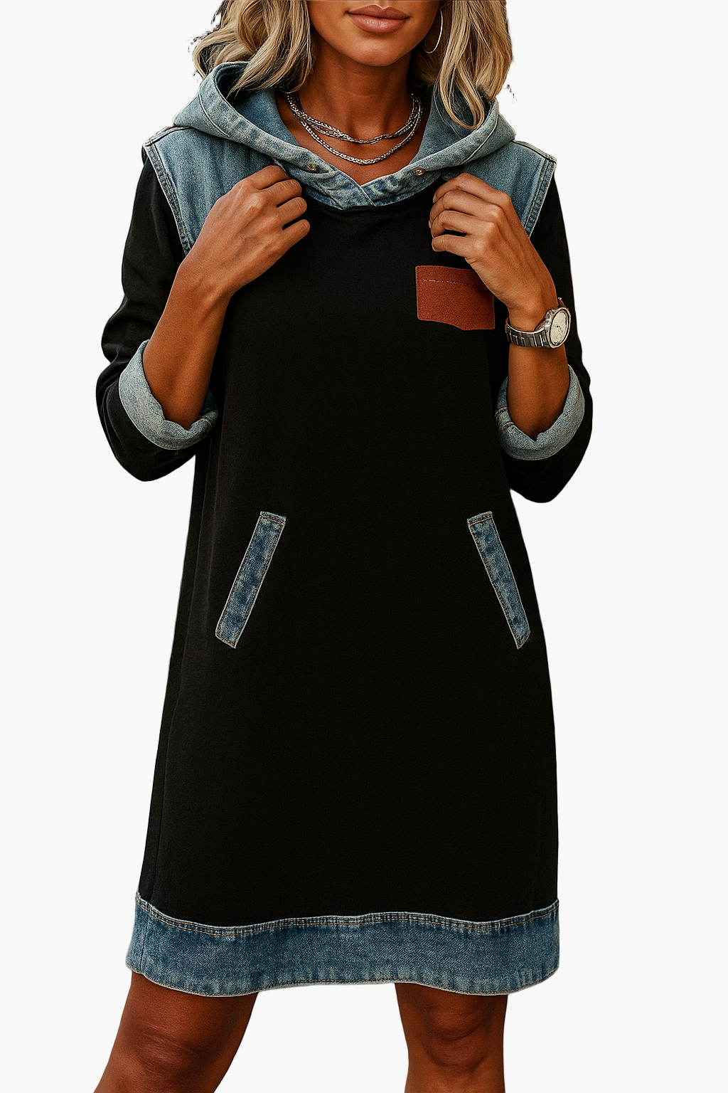 Damen Sweatkleid mit Denim-Details und Kapuze – Lässiges Freizeitkleid im Hoodie-Stil