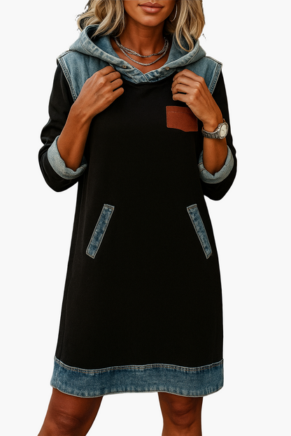 Damen Sweatkleid mit Denim-Details und Kapuze – Lässiges Freizeitkleid im Hoodie-Stil