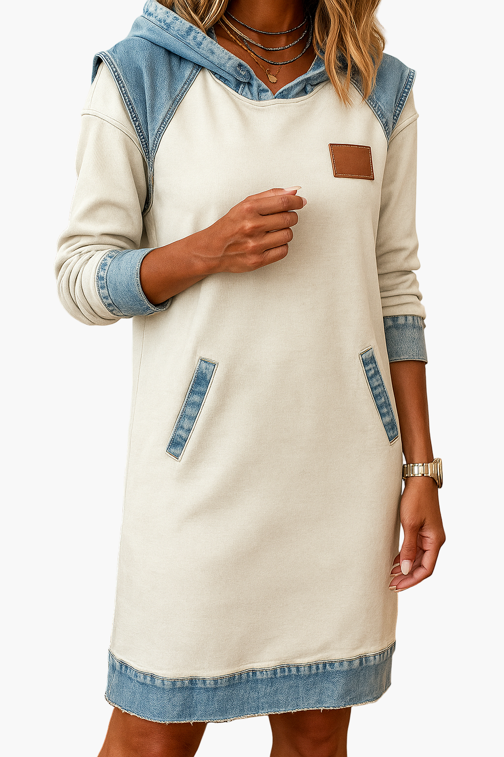 Damen Sweatkleid mit Denim-Details und Kapuze – Lässiges Freizeitkleid im Hoodie-Stil