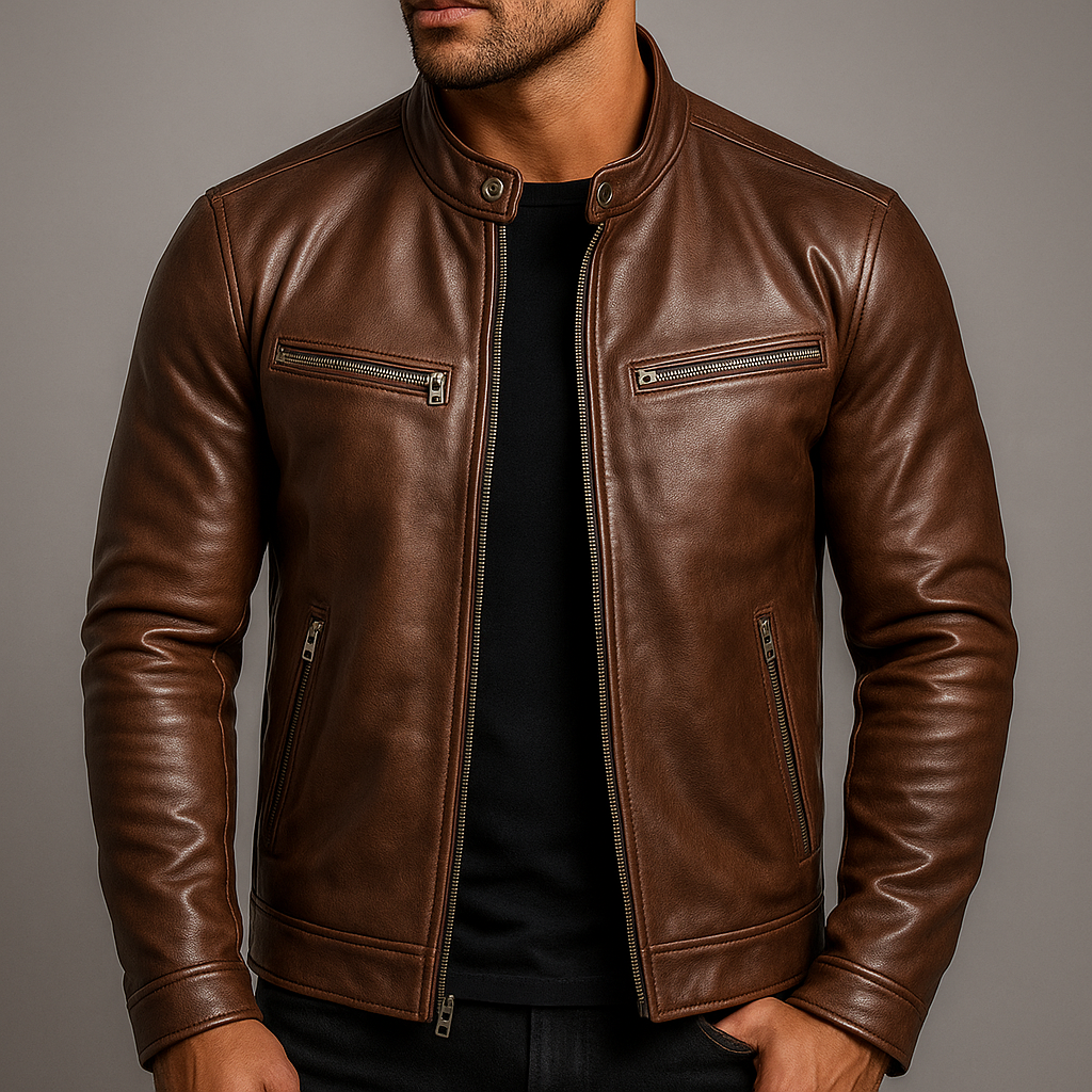 Herren Bikerjacke Grün mit Stehkragen und Reißverschlüssen