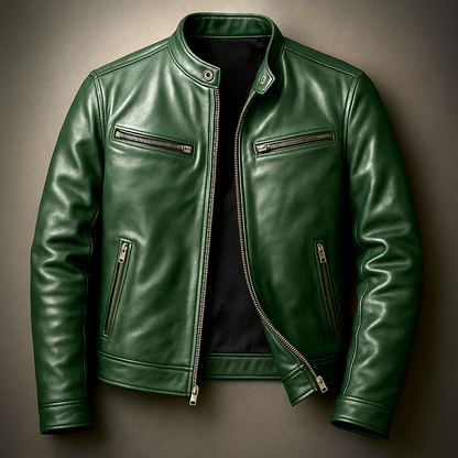Herren Bikerjacke Grün mit Stehkragen und Reißverschlüssen