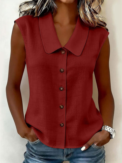 Damen Blusentop ohne Ärmel mit Knopfleiste und großem Kragen – Eleganter Freizeitstil für Alltag und Büro