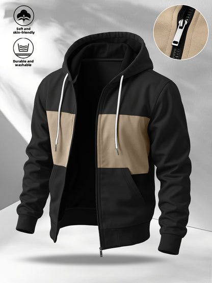 Herren Kapuzenjacke mit Reißverschluss, Farbblock-Design, Taschen, Weiches Material
