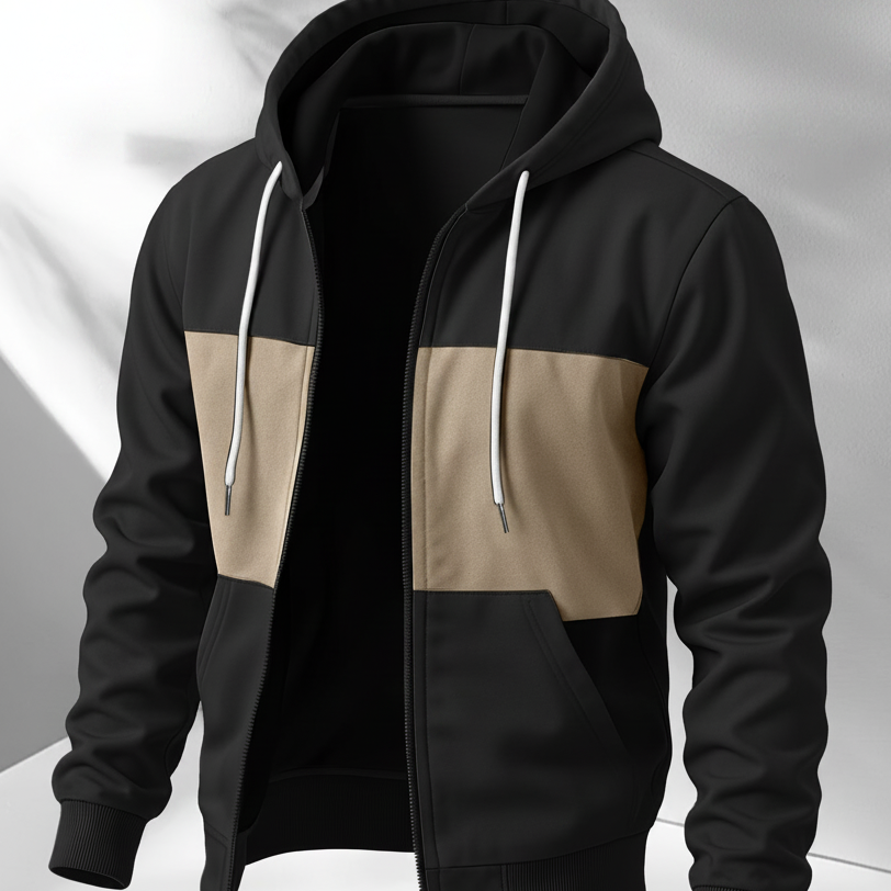 Herren Kapuzenjacke mit Reißverschluss, Farbblock-Design, Taschen, Weiches Material