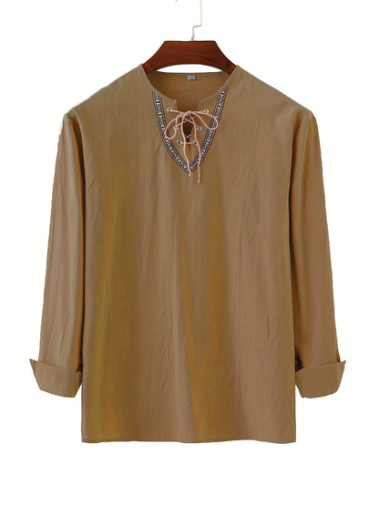 Herren Vintage Tunika mit Schnürung und geometrischem Muster – Boho Style Langarm Shirt