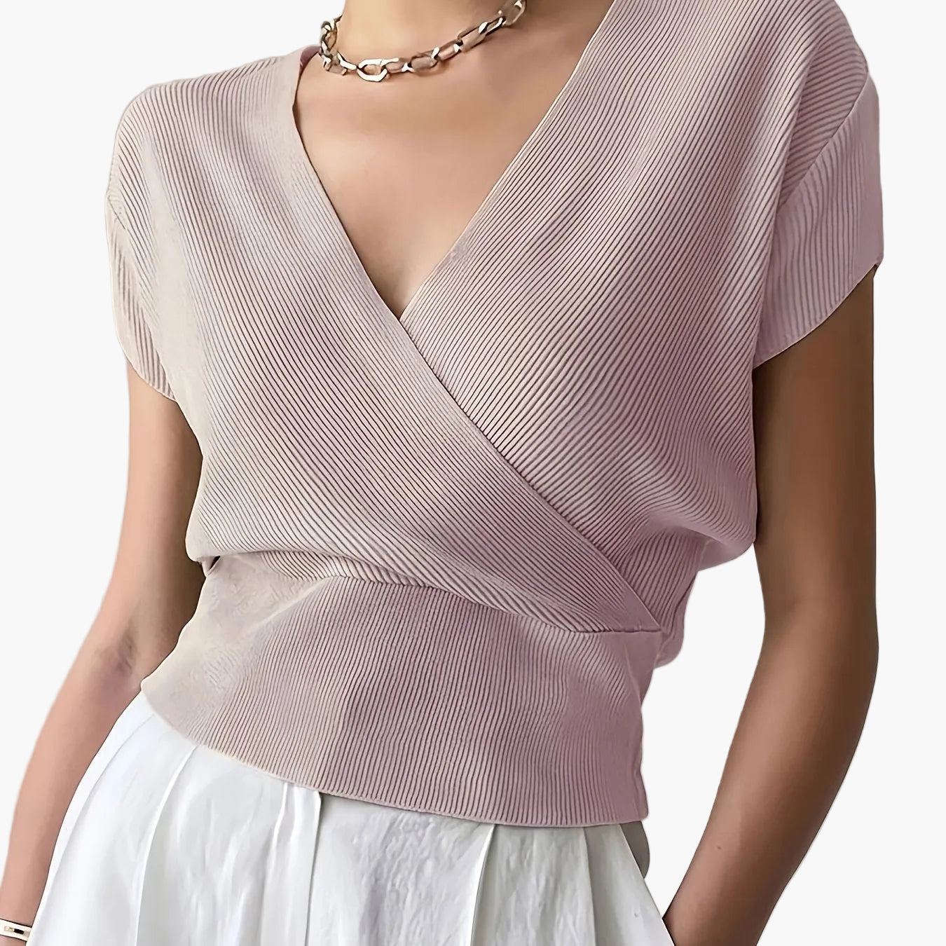 Damen Wickelshirt mit V-Ausschnitt – Eleganter Sommer Pullover Kurzarm für Freizeit & Büro
