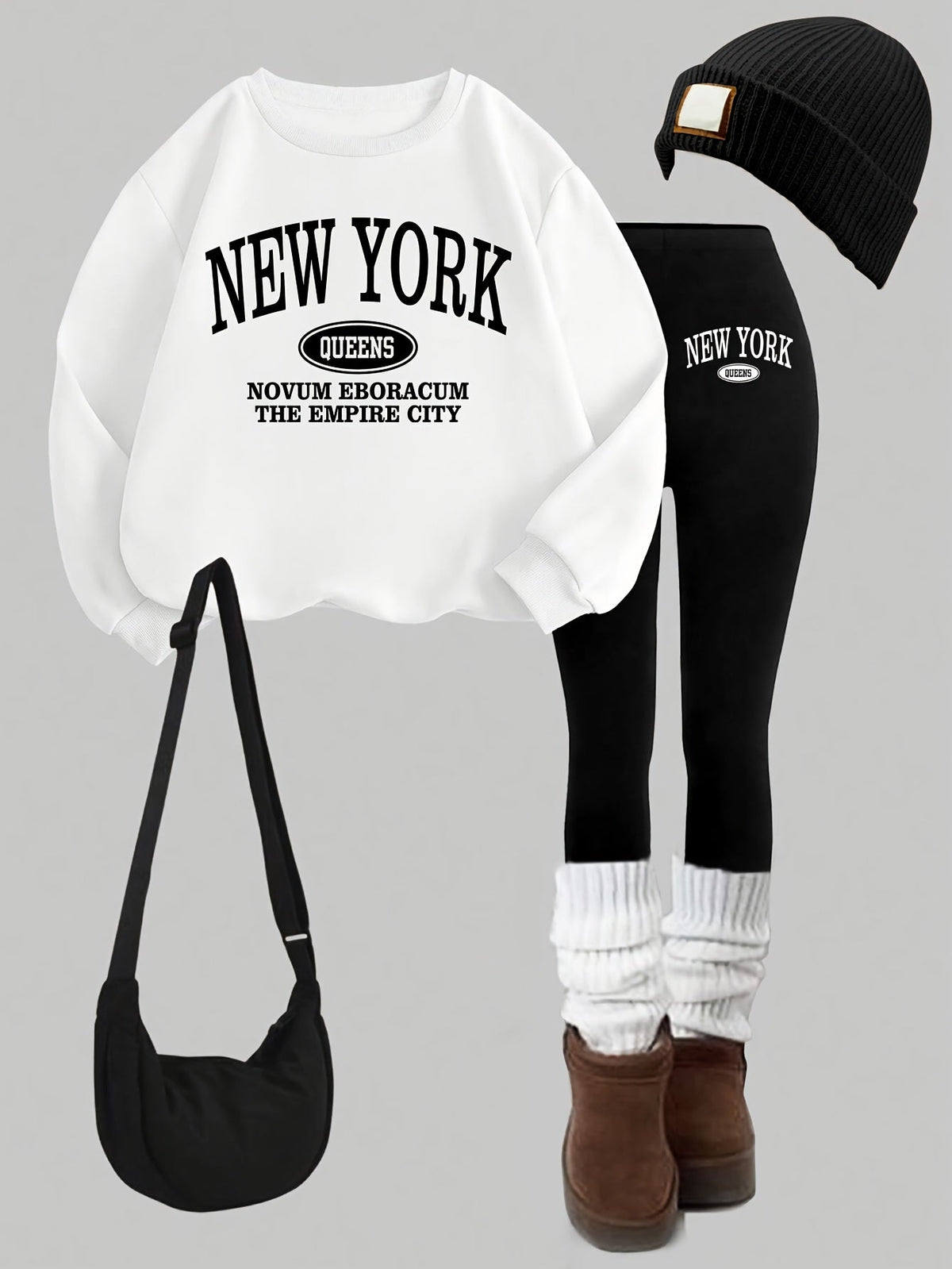 Damen Set: Pullover & Leggings mit 'New York Queens' Print, Rundhalsausschnitt