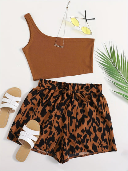 Damen Sommer Set mit One-Shoulder Top und High-Waist Shorts im Animal-Print – Elegantes Freizeit-Outfit